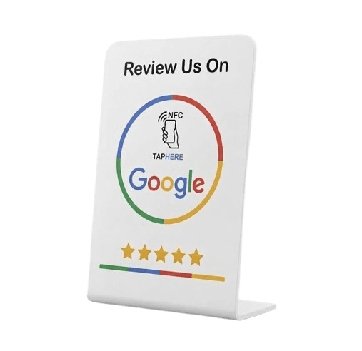 NFCReviewCard stand — tap for Google Reviews